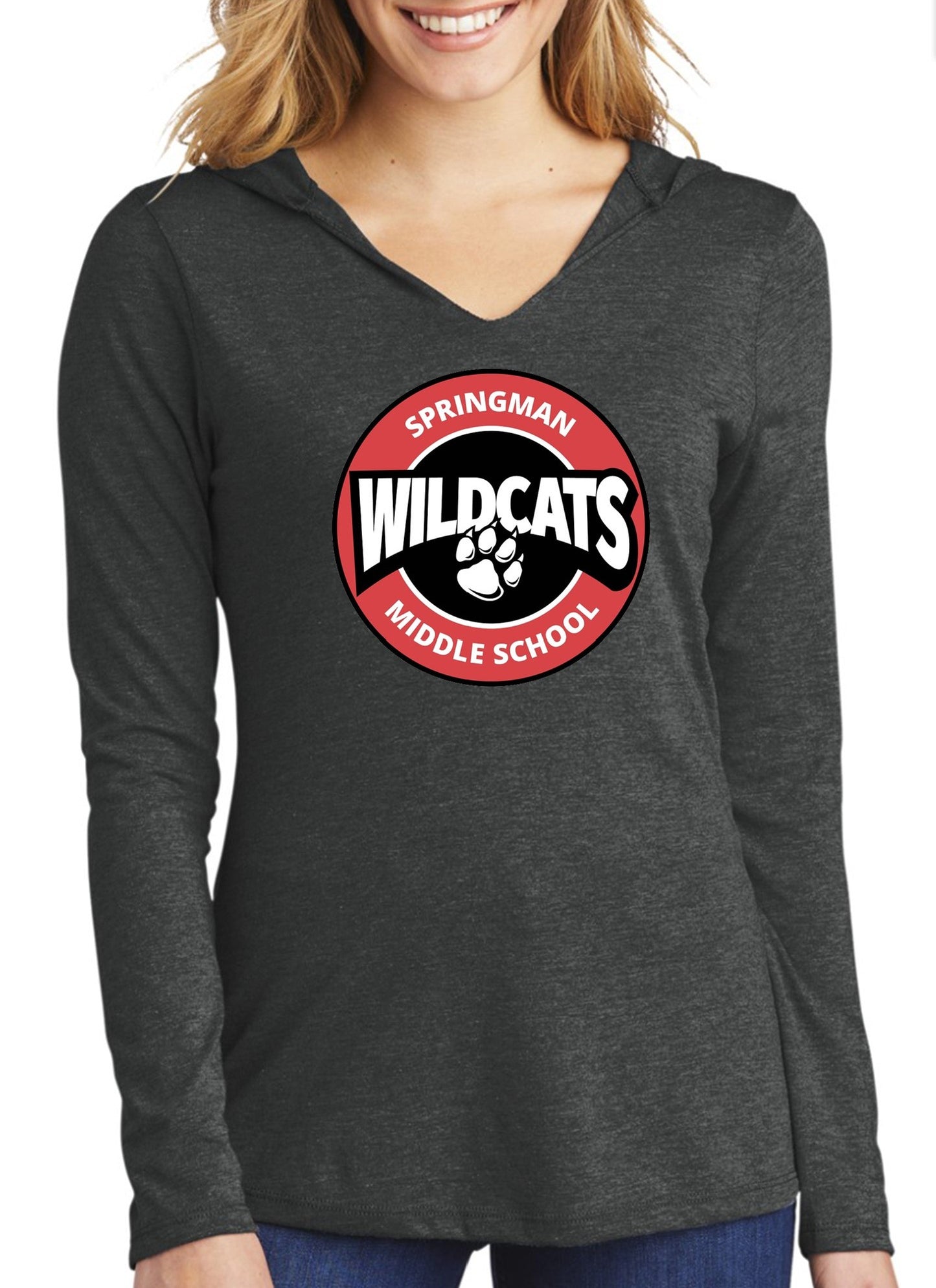 Springman women charcoal long sleeve hoodie t-shirt